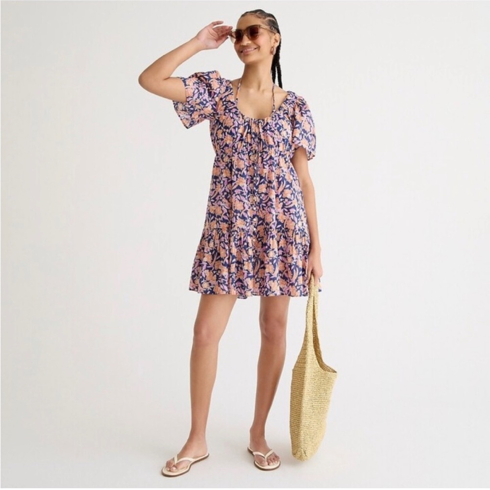 J. Crew Voile Beach Painted Block Print Floral Button Front Tiered Dress